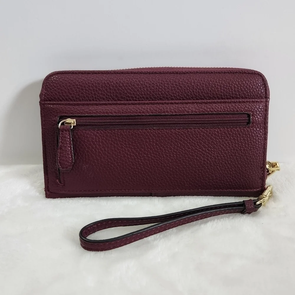 Liz Claiborne Erica Zip Around Faux Leather Gold Dark Wine Wristlet Wallet